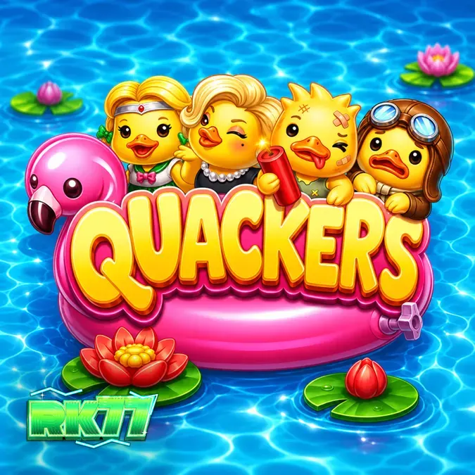 Tampilan visual slot Quackers dengan tema pesta bebek yang ceria